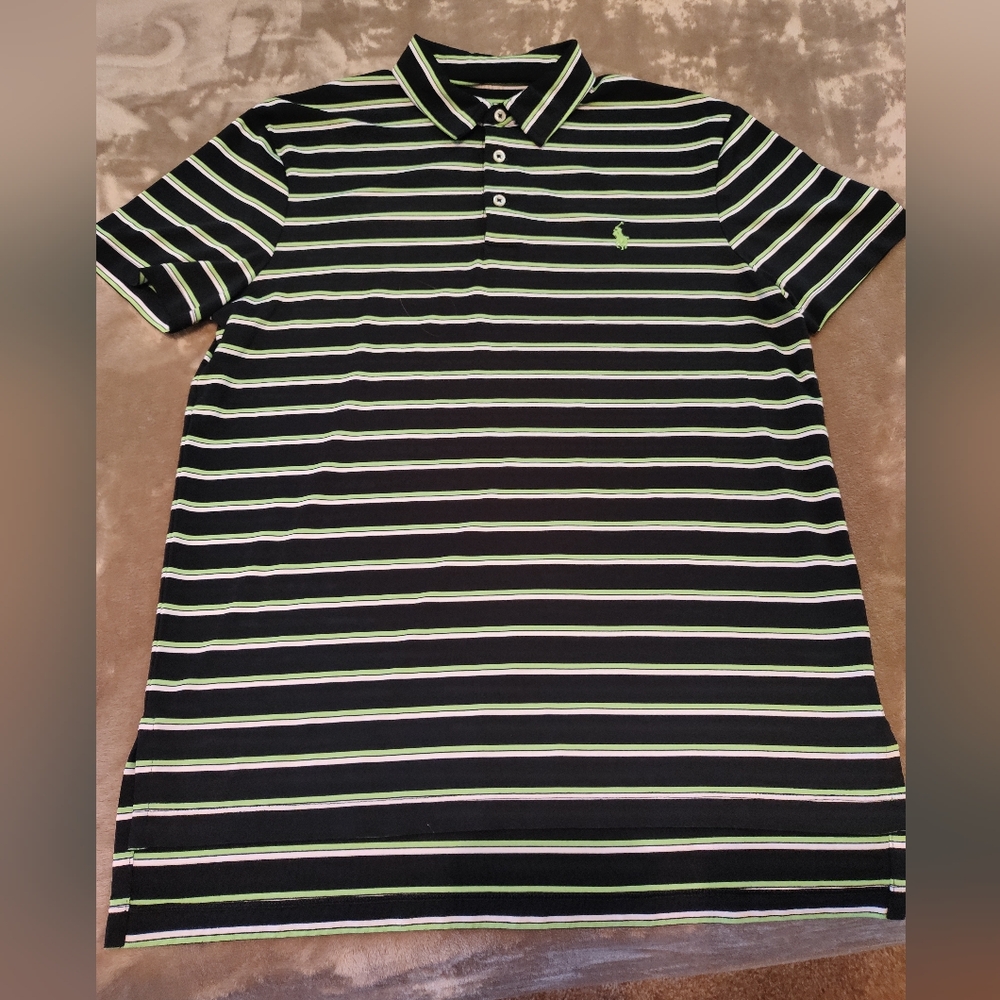 Polo by Ralph Lauren Men's Black and Green Striped Shirt